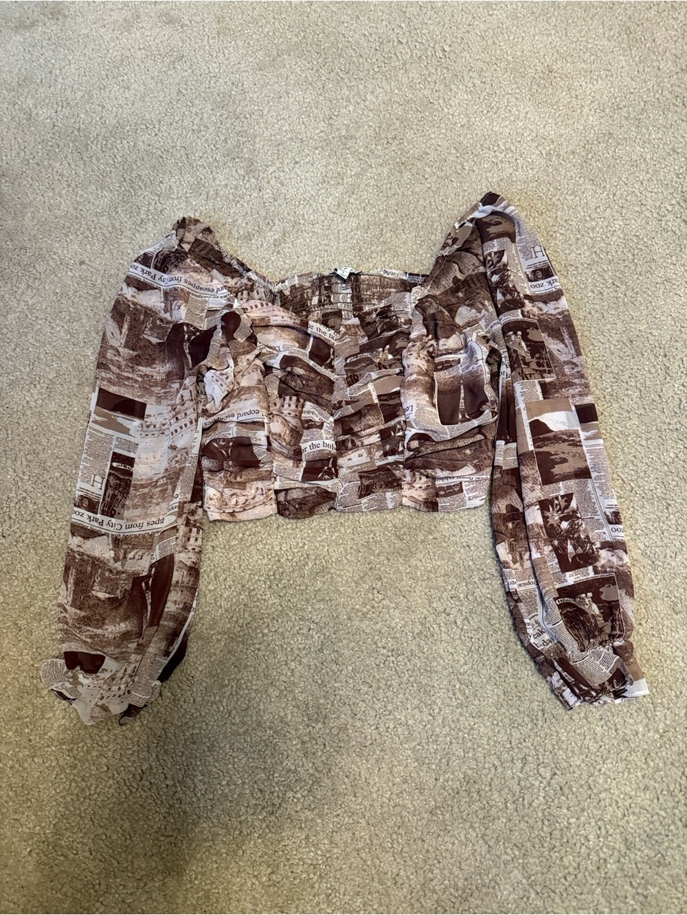 Newspaper-Print Off-Shoulder Brown Crop Top
